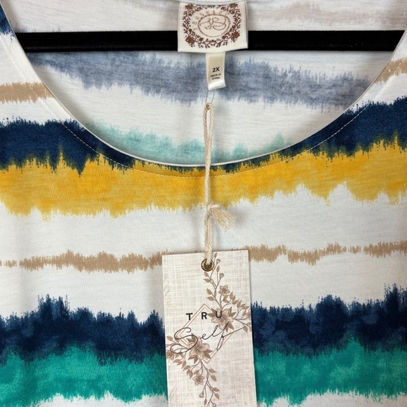 NWT Truself Blue/Yellow/Green/White Striped Short Sleeve Crewneck Pullover Top - Picture 5 of 8